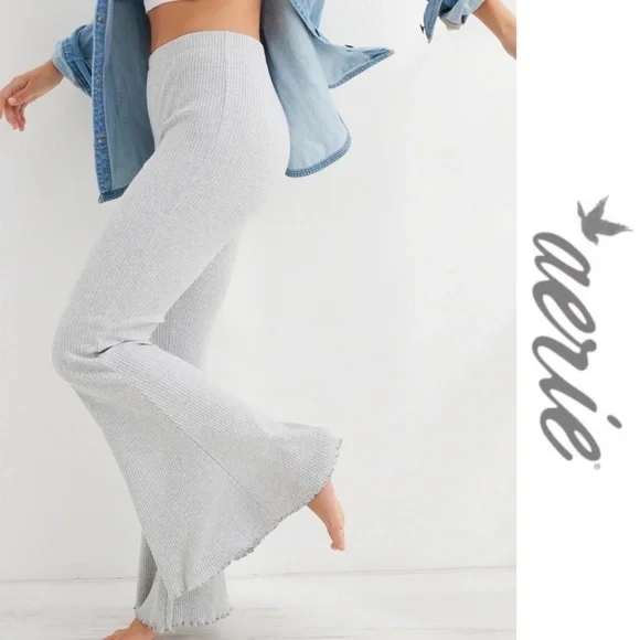 Aerie Ribbed High Waisted Kick-it Super Flare Light Gray Pants - Picture 2 of 7